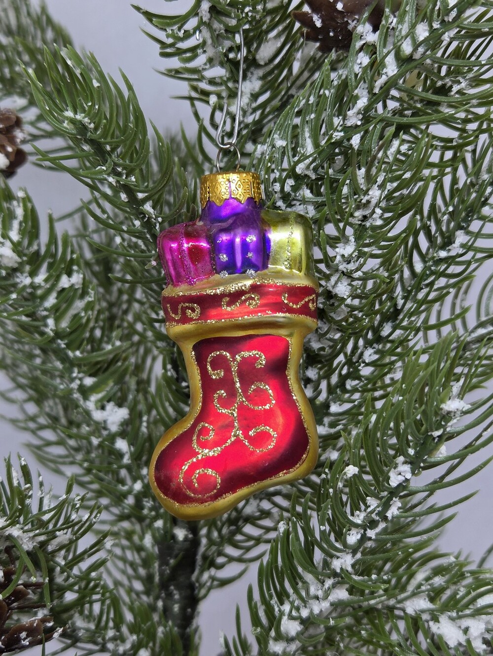 Vintage Hand Blown Stocking With Gifts Christmas Ornament
